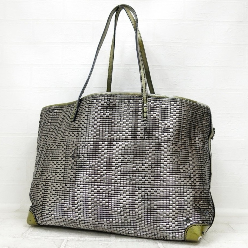 FENDI FF Zucca Monogram Woven Metallic Silver ITALY Shopper Shoulder Bag